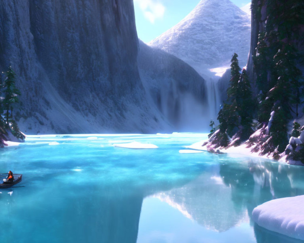 Kayaker in tranquil winter landscape with snow-covered cliffs and waterfall