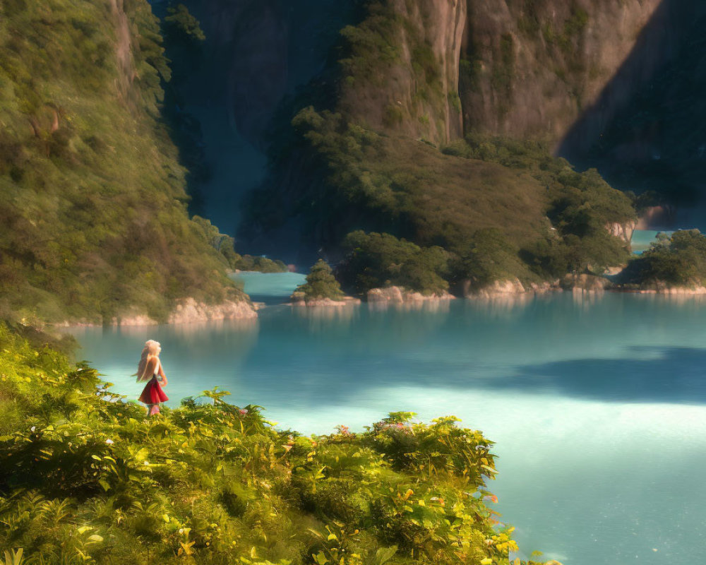 Hiker in lush greenery near tranquil turquoise lake