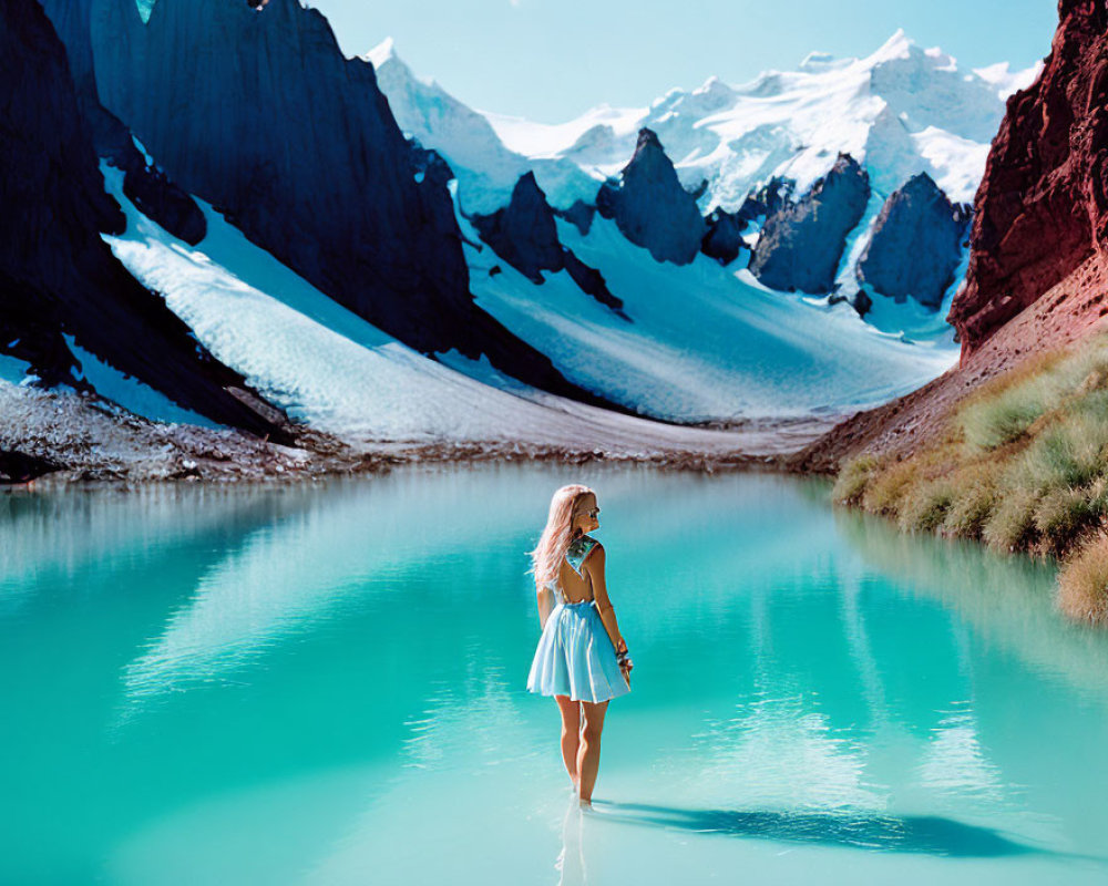 Woman in white dress in turquoise mountain lake with snow-capped peaks.