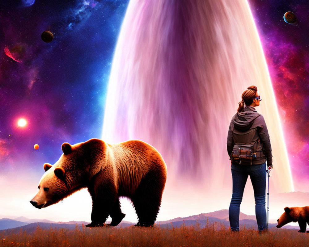 Woman and bear with cub under cosmic waterfall in surreal starry sky.