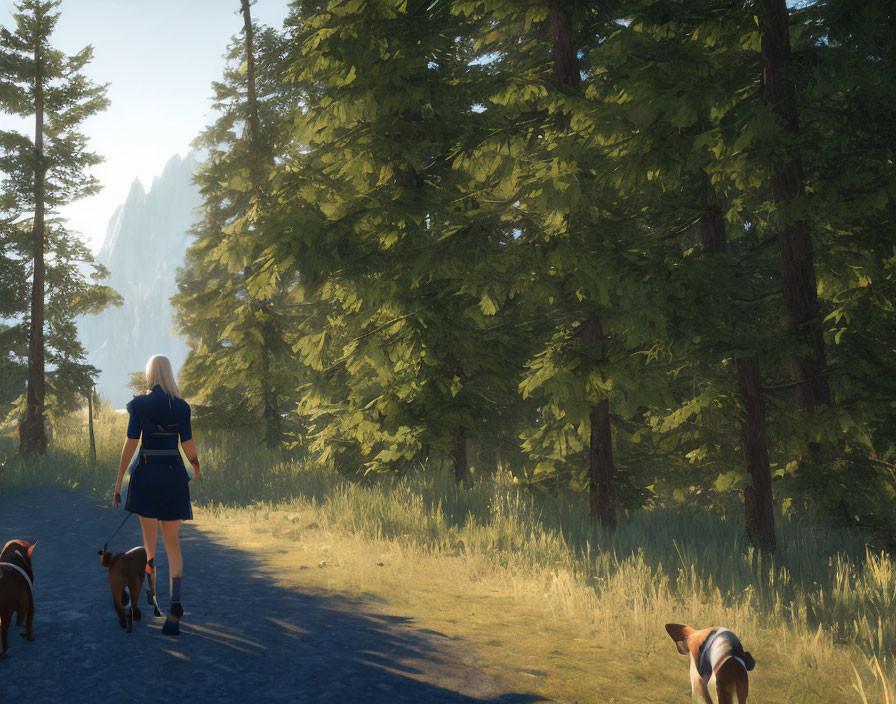 Woman in Blue Outfit Walking with Two Dogs on Forest Trail on Sunny Day