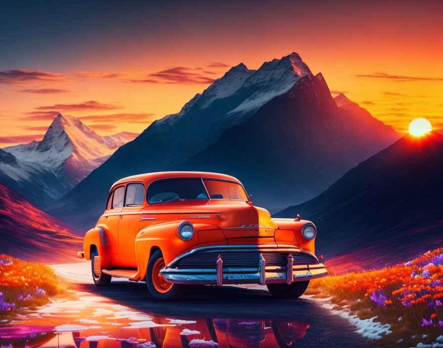 Vintage Orange Car on Mountainous Road at Sunset with Snowy Peaks and Flowers