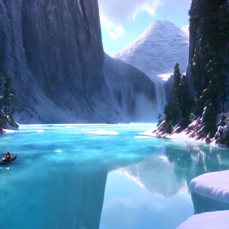 Kayaker in tranquil winter landscape with snow-covered cliffs and waterfall