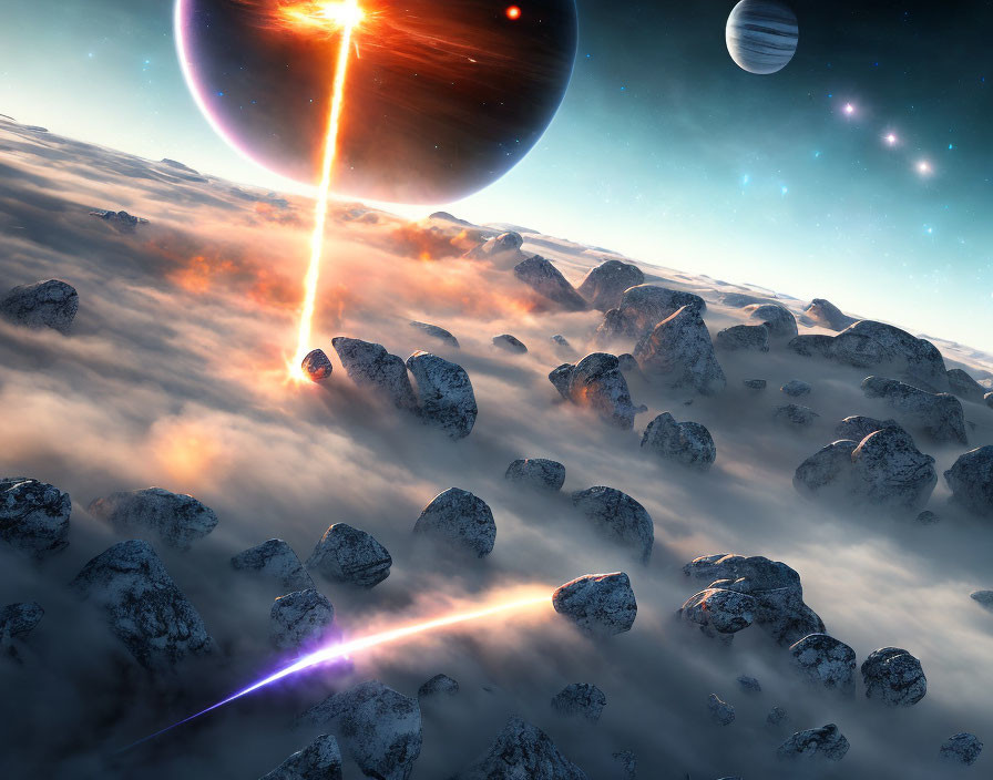 Sci-fi landscape with floating rocks, planet, sun, and light beams