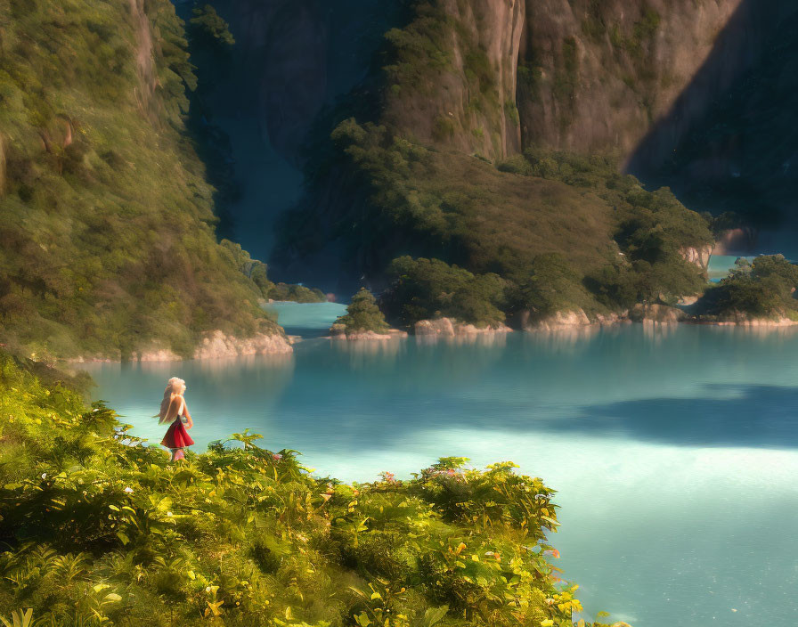 Hiker in lush greenery near tranquil turquoise lake