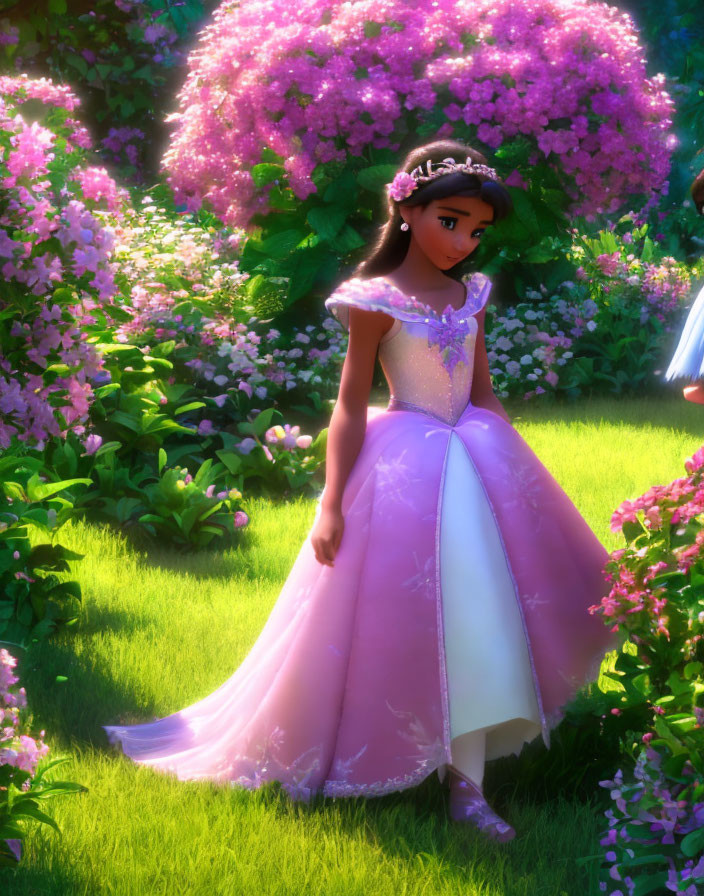 Animated princess in pink dress in lush garden with blooming flowers