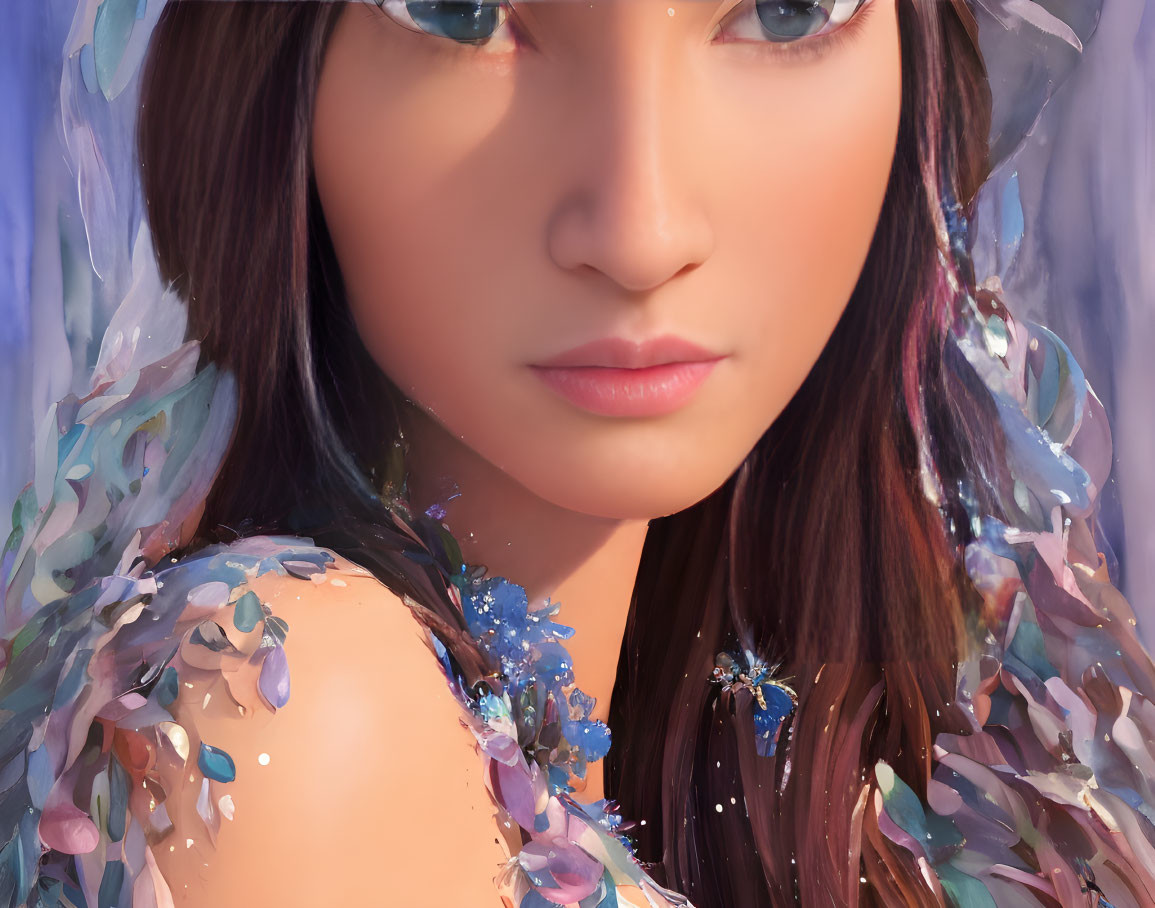 Close-up portrait of woman with serene expression and sparkling hair adornments, delicate translucent petals on shoulder