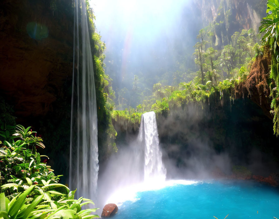 Majestic waterfall with lush greenery, mist, rainbow, and blue pool.