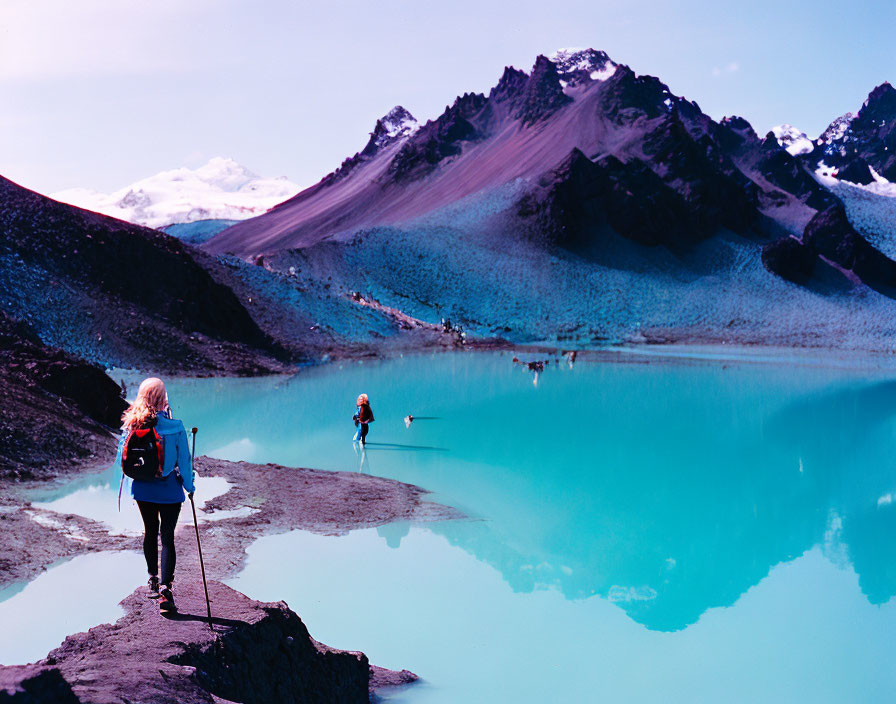 Hiker by Vibrant Turquoise Glacial Lake with Backpack and Trekking Pole