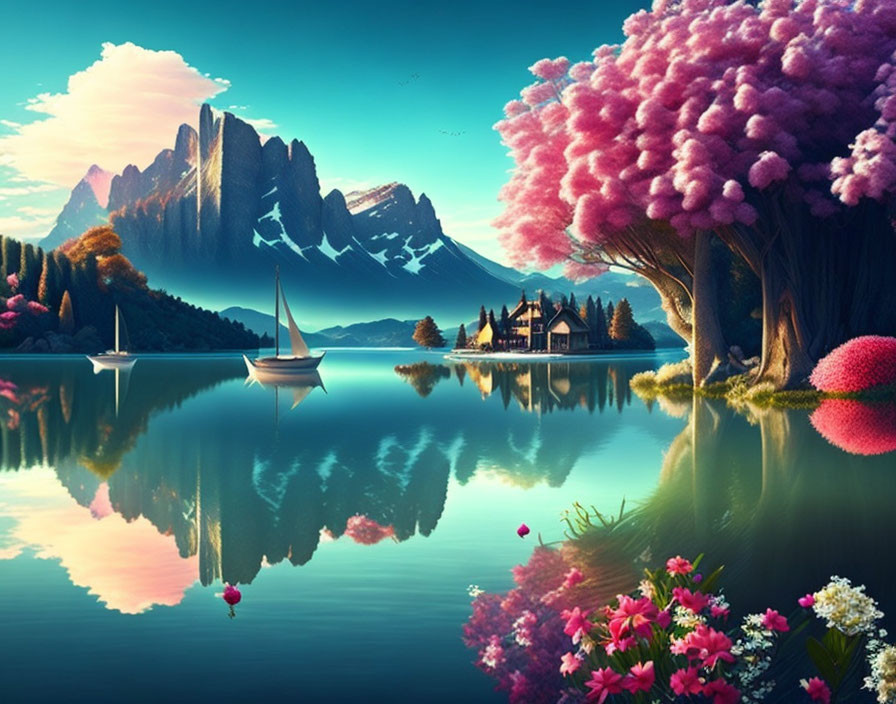 Vibrant pink trees, snowy mountains, sailboats, and a cottage in serene fantasy landscape