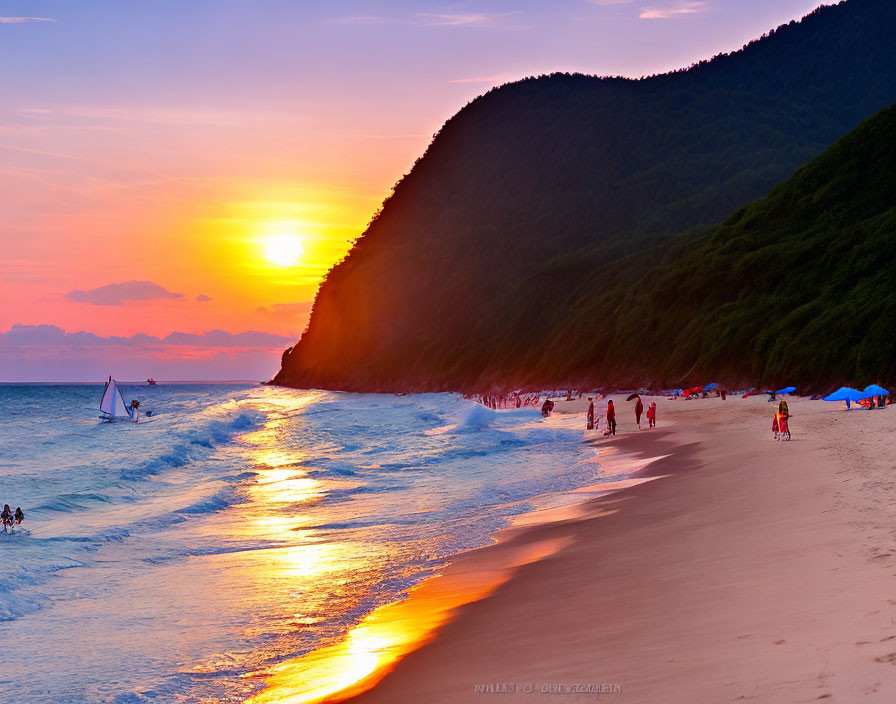 Vibrant beach sunset with orange sky, people on sand, waves, and coastal hill