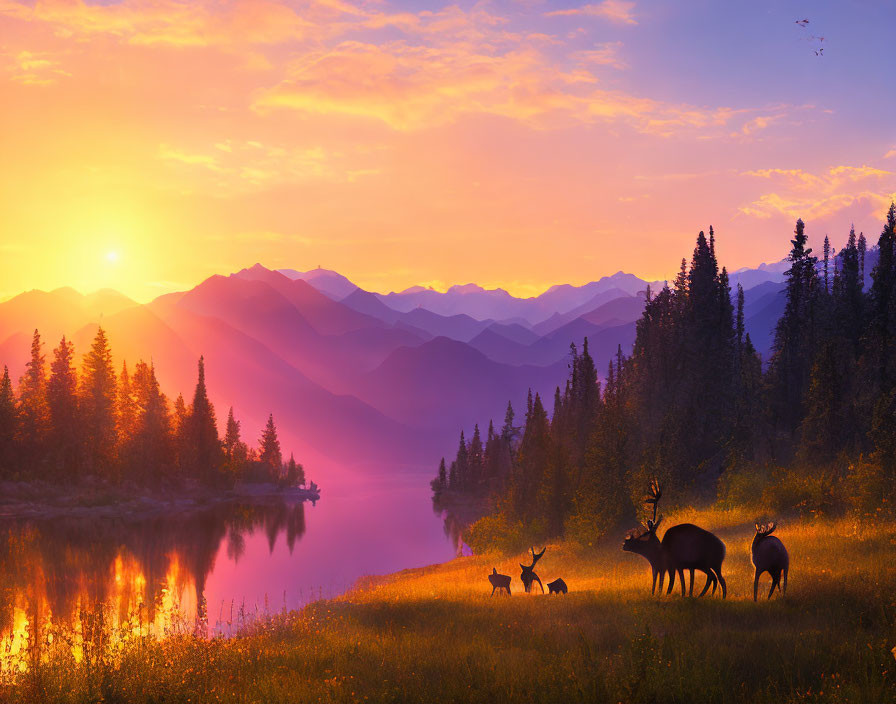 Tranquil sunset scene with deer silhouettes by lakeside