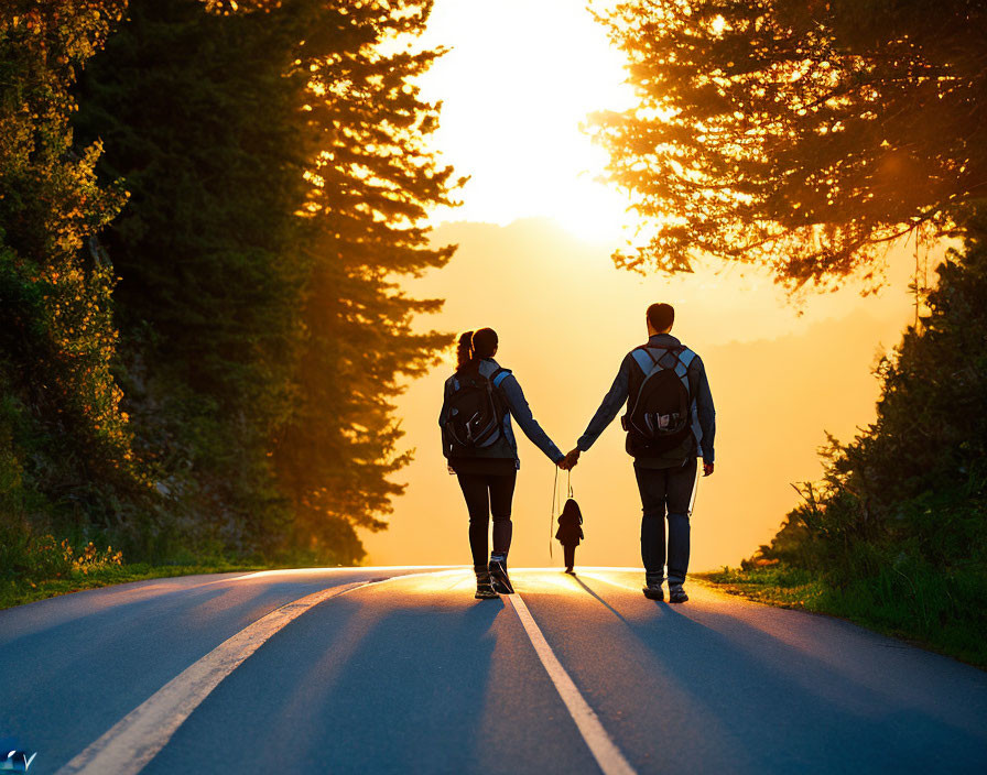 Couple walking hand in hand at sunset on a road with sunbeams through trees