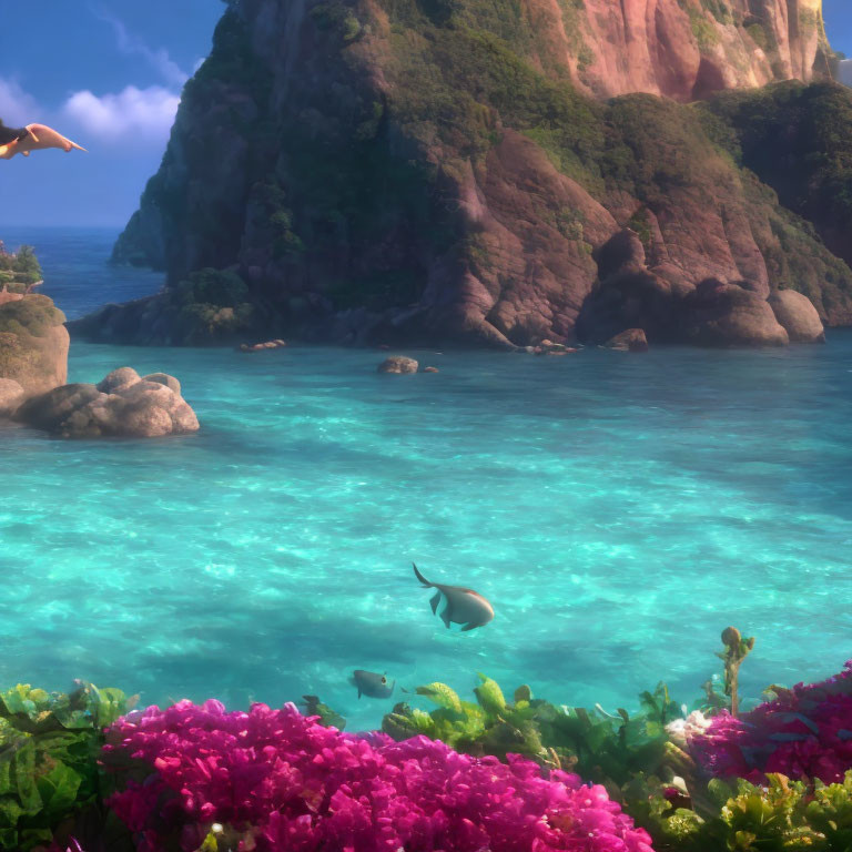 Tropical scene with clear waters, colorful flowers, and looming cliff