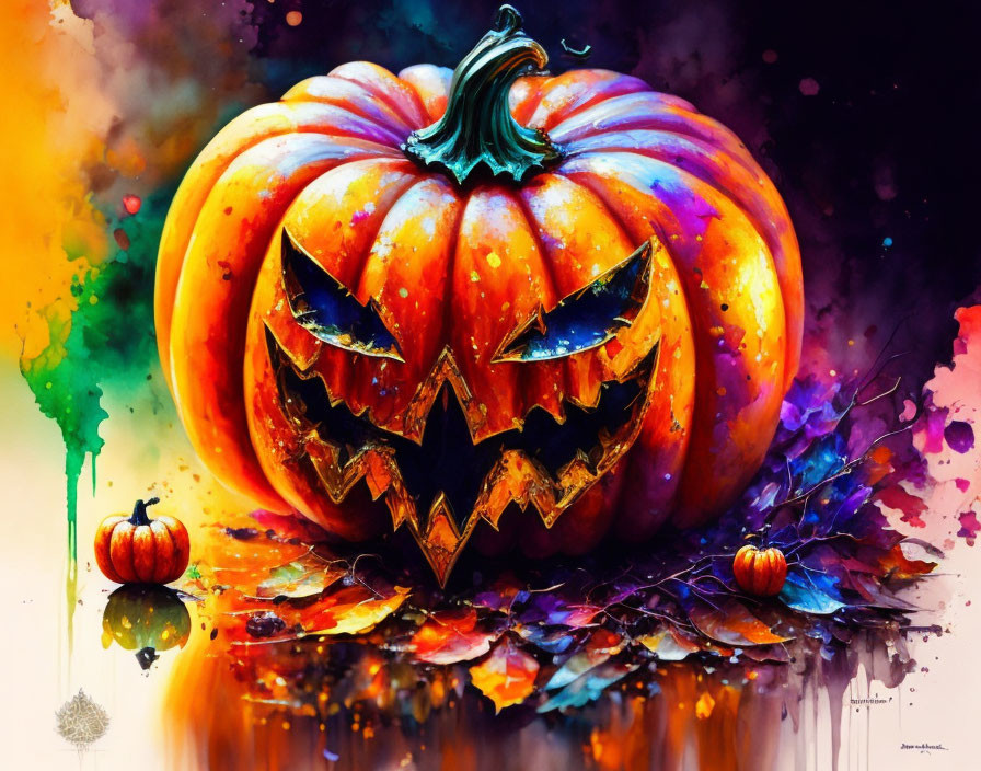 Colorful Painting of Menacing Carved Pumpkin in Vibrant Setting