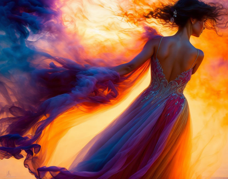 Woman in flowing dress merges with colorful smoke in dreamlike scene