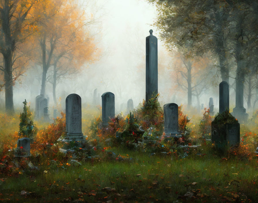 Autumnal graveyard scene with mist and orange leaves.