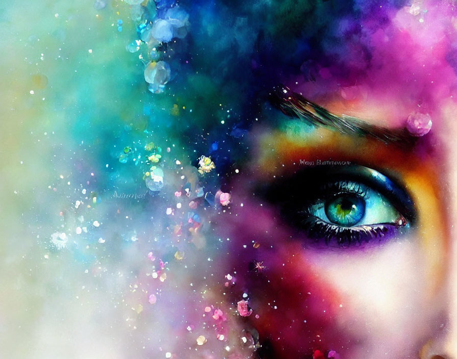 Colorful Artwork Featuring Detailed Blue Eye in Abstract Composition