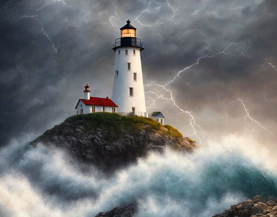 Stormy Sea Surrounds Lighthouse on Rocky Island