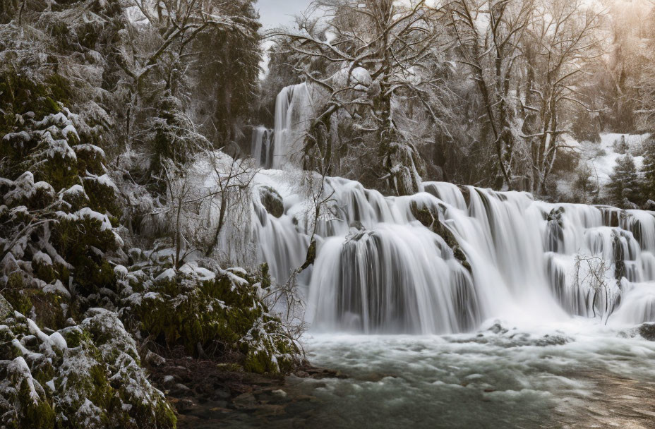 Winter landscape: Snow-covered trees, icy waterfall, serene scenery