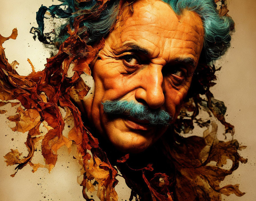 Striking portrait of a man with blue hair, mustache, and intense gaze amid warm-toned