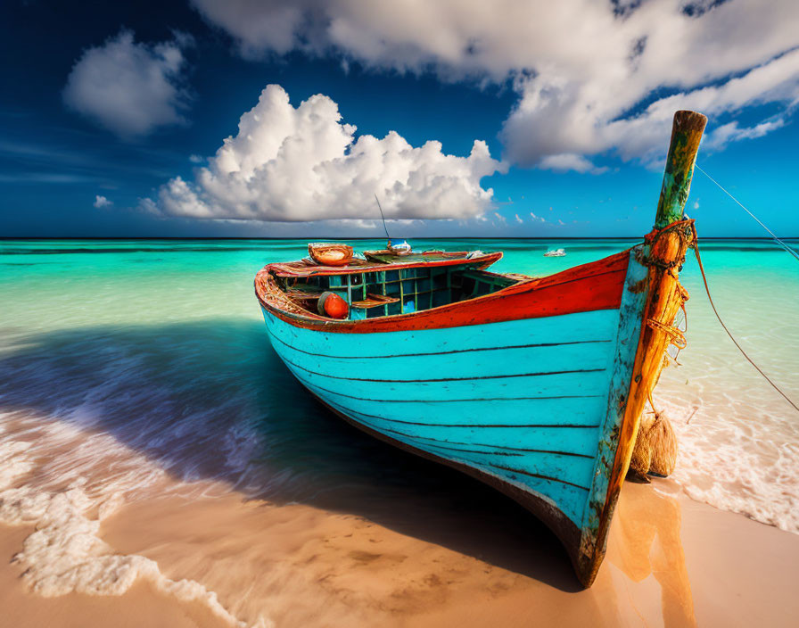 Colorful Wooden Boat Moored on Sandy Beach