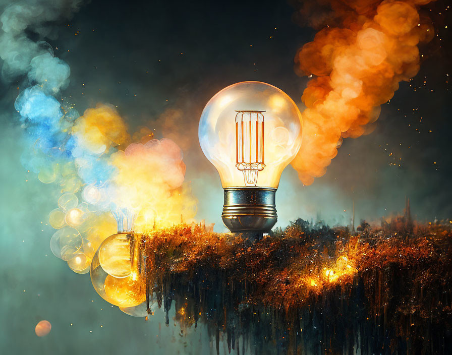 Surreal glowing light bulb on mossy surface with colorful smoke and bubbles