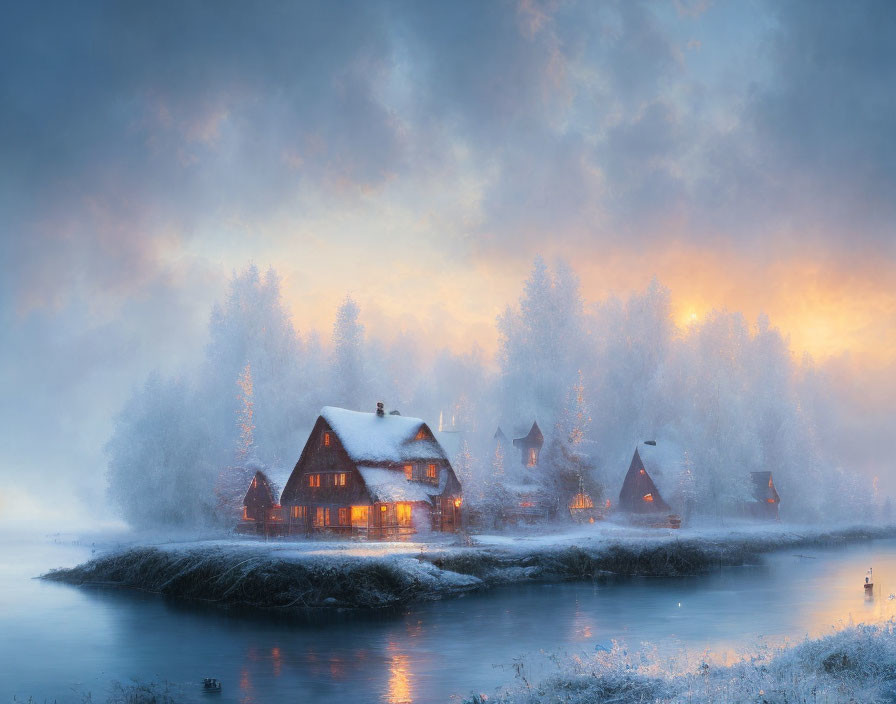 Winter Cottage on Island Surrounded by Frost-Covered Trees