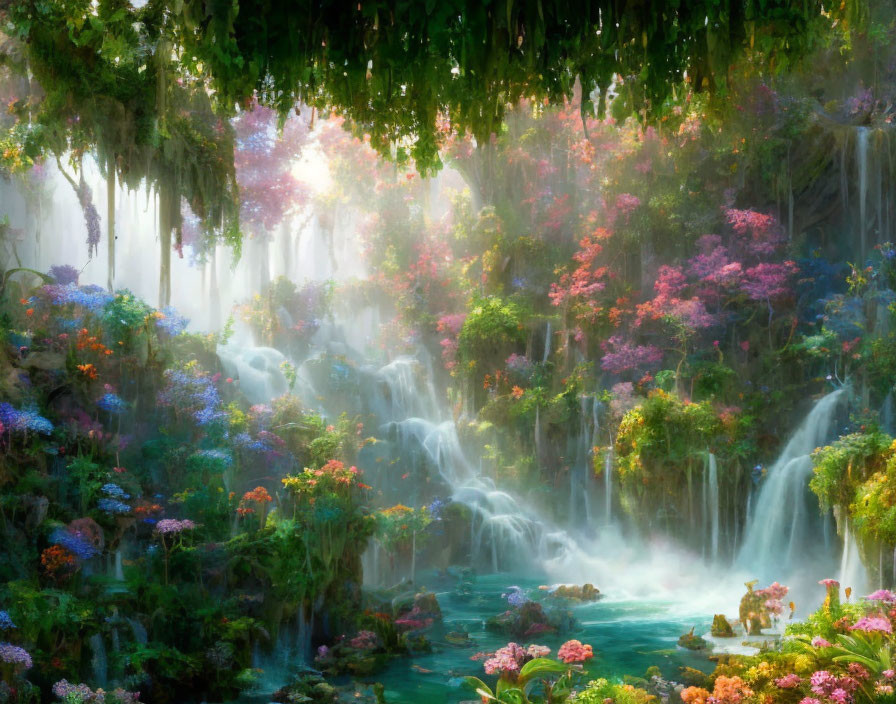 Mystical garden with vibrant flowers, waterfalls, and sunlight filtering through mist