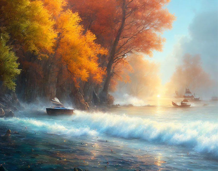 Misty autumnal lake with trees in warm hues and boats under soft sun