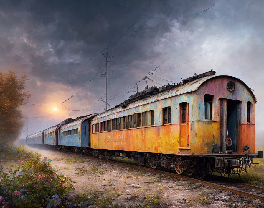 Rusted train on track in misty twilight landscape