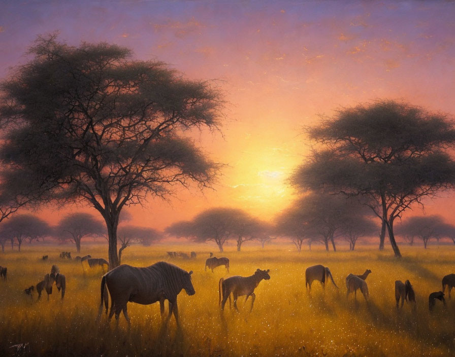 Savannah sunset with acacia trees, wildebeest herd, and birds in golden sky