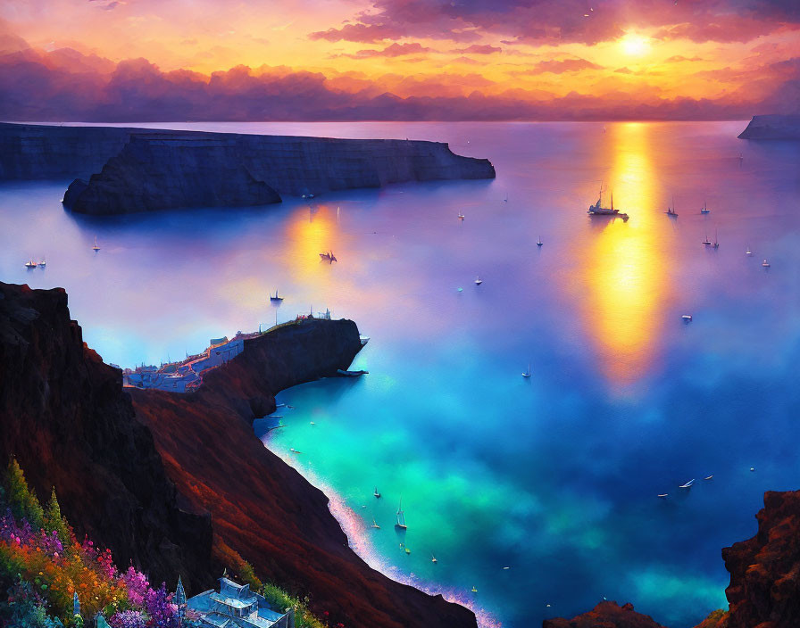 Scenic sunset seascape with boats and vibrant cliffside flowers