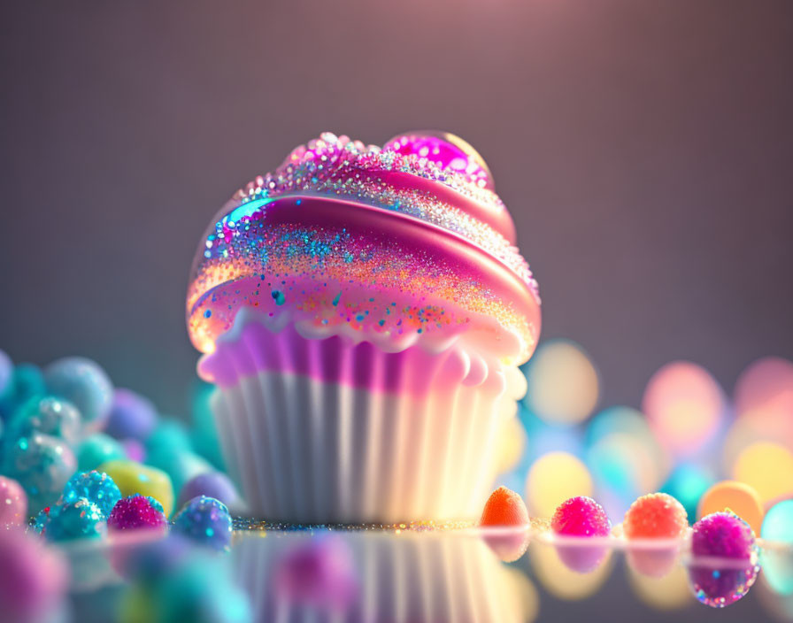 Colorful Cupcake with Sparkly Icing and Glitter on Bokeh Background