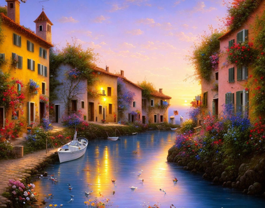 Tranquil waterway at sunset with boat and colorful buildings