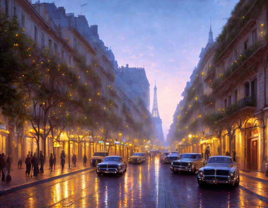 Parisian Street at Twilight with Vintage Cars and Eiffel Tower