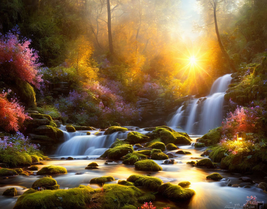 Tranquil waterfall among mossy rocks and colorful flowers