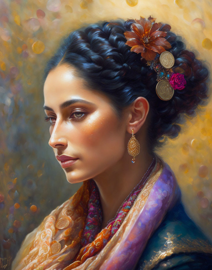 Portrait of woman with braided updo, traditional earrings, patterned scarf, and decorative hair accessories