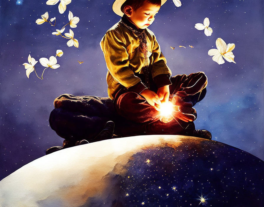 Child sitting on crescent moon surrounded by butterflies in starry sky