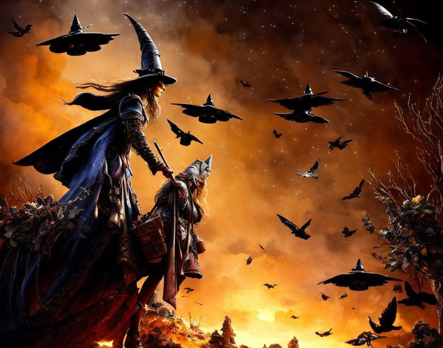 Fantasy scene: witch, broomstick, lantern, crows, spaceships, fiery sky