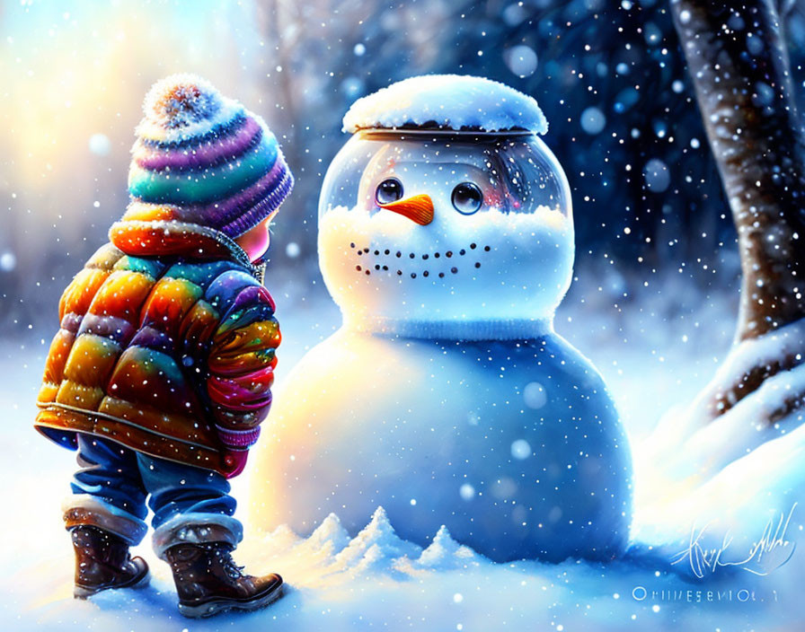 Child in Colorful Winter Clothing with Cheerful Snowman in Snowfall