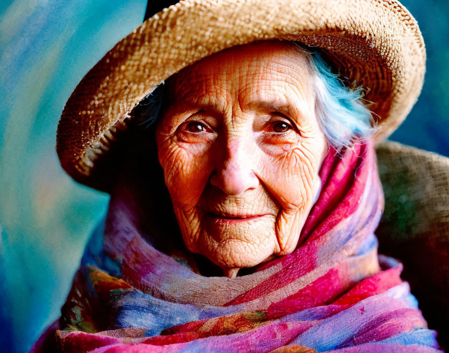 Elderly woman with straw hat and colorful scarf, bright blue eyes