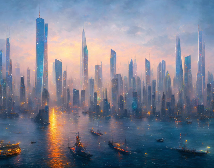 Futuristic city skyline with mist, tall skyscrapers, boats, and twilight sky