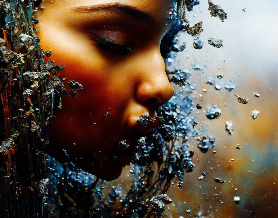 Woman's face near wet glass with autumn leaves and reflection