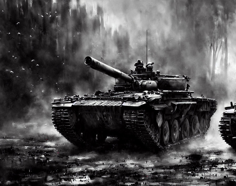 Monochrome image of advancing tanks in smoky battlefield.