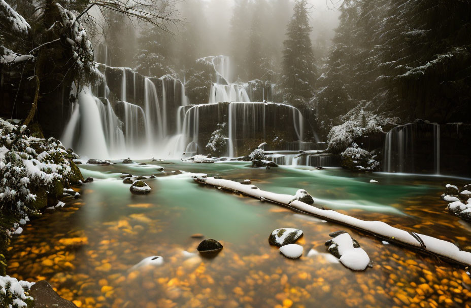 Tranquil winter waterfall scene with snow-dusted evergreens