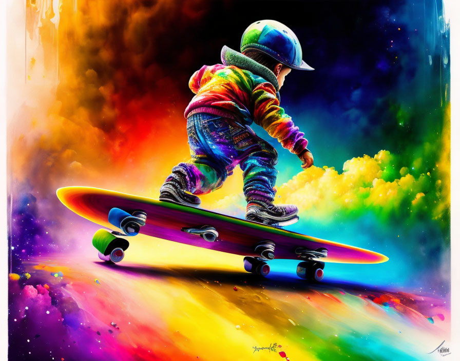 Colorful Toddler Skateboarding Artwork with Rainbow Trail