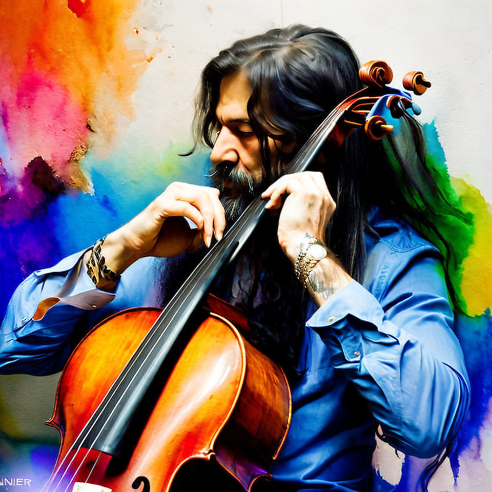 Long-haired man playing cello on vibrant background