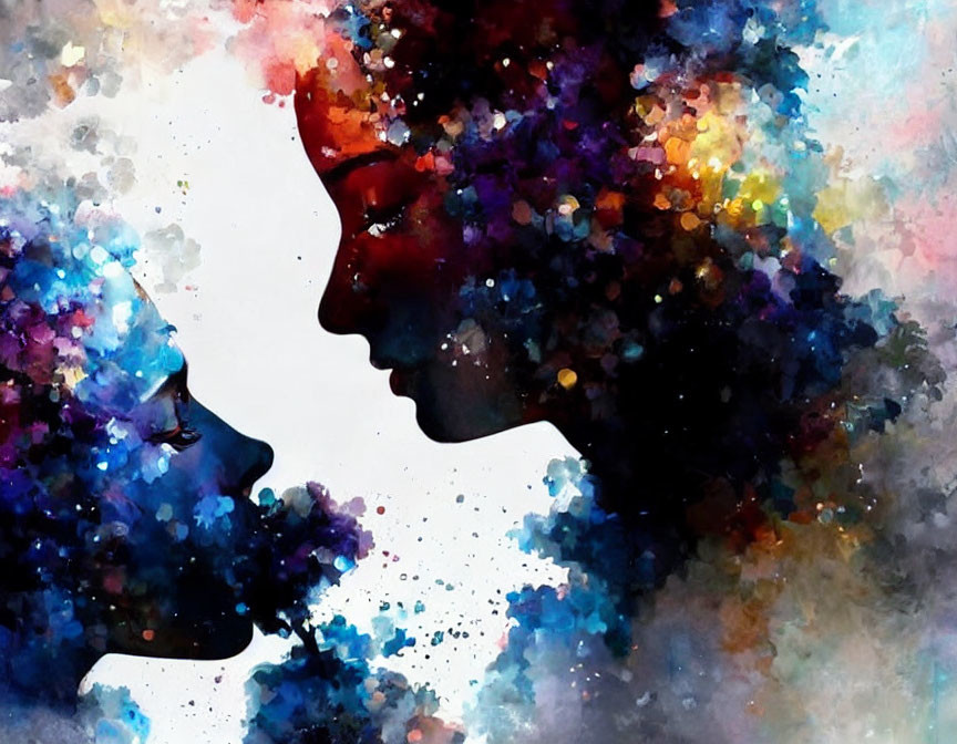 Colorful Watercolor Painting: Silhouettes of Two Profiles Almost Touching