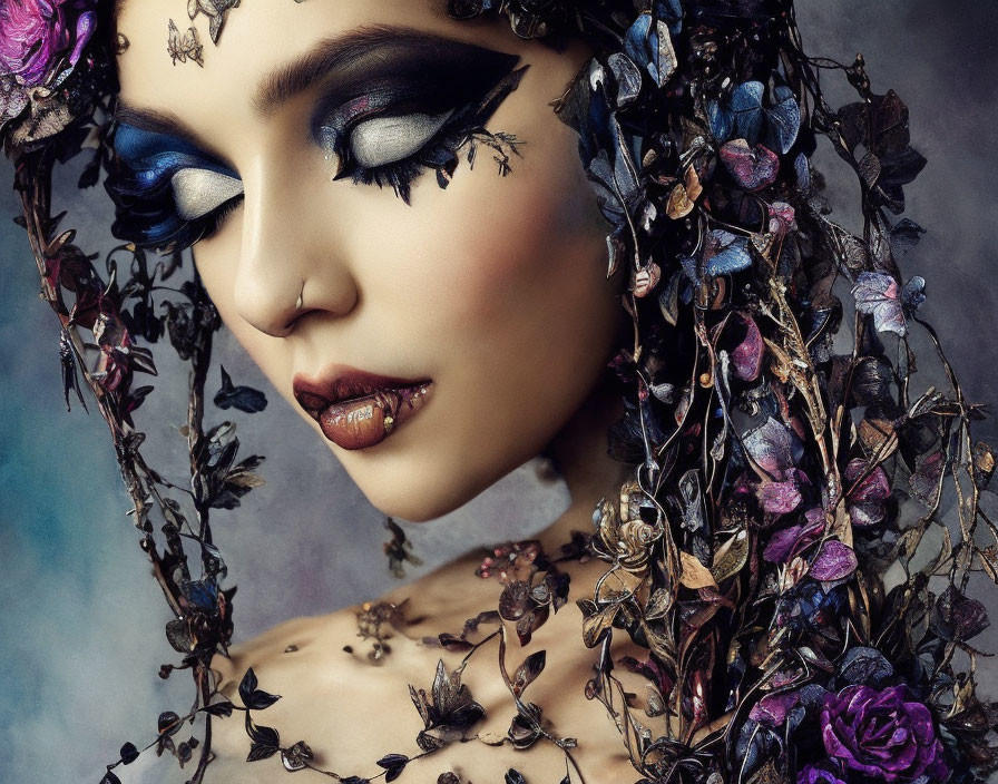 Elaborate Dark Floral Headpiece with Blue Eyeshadow